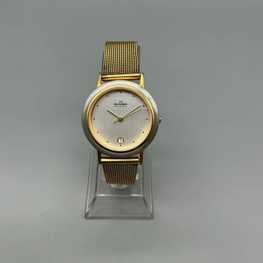 Skagen 16SGS Womens Watch 28mm Silver Gold Tone Mesh Band Date New Battery